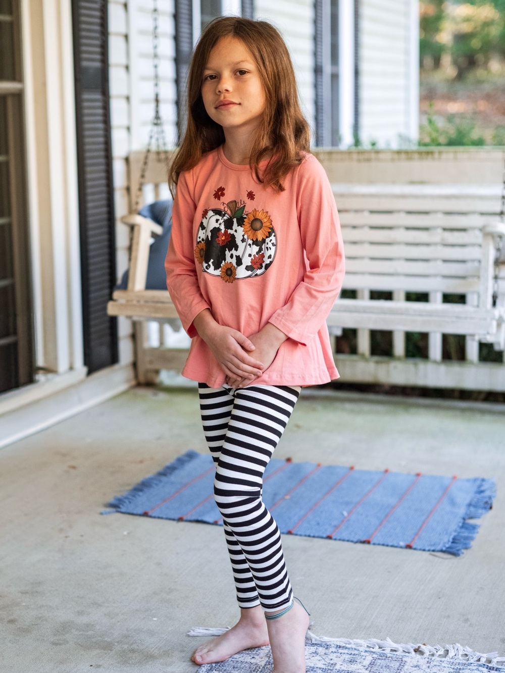 Girls' Peach Long-Sleeve Floral Pumpkin Top and striped leggings